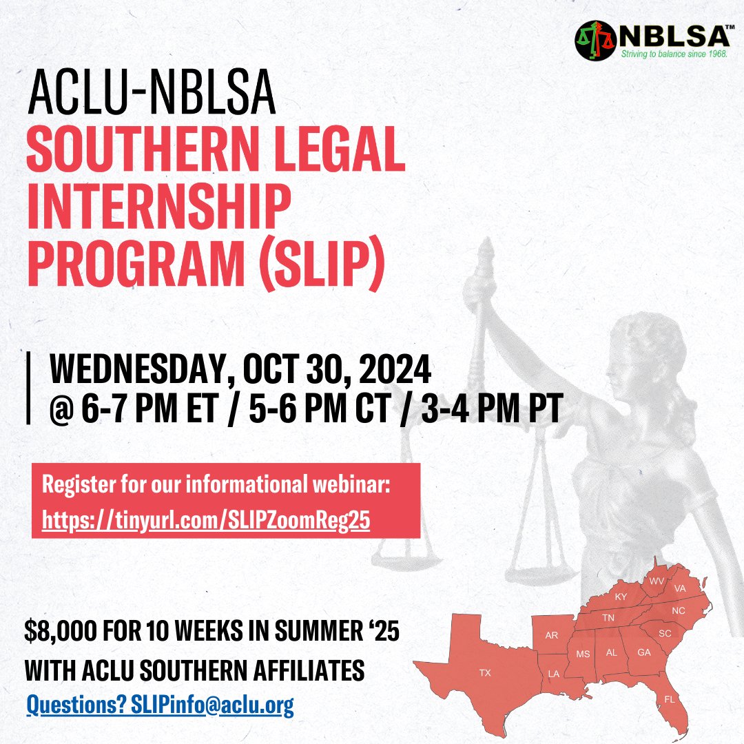 Join our informational webinar on Wed. 10/30 at 6pm ET/5pm CT/3pm PT to learn more about paid summer legal internships at the thirteen ACLU southern affiliates working on social justice issues that most affect black and brown communities across the region! Register to get a zoom