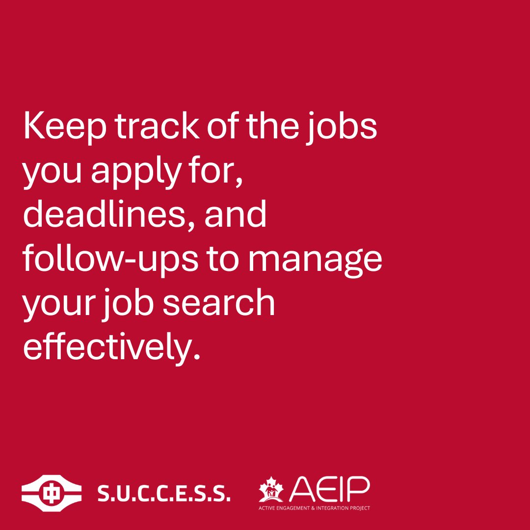 Keeping track of the job you've applied for and your follow-ups can help you stay focused during your job search.

Connect with AEIP today for more support at: aeipsuccess.ca

#aeipsuccess #PreArrivalService #StayOrganized #JobSearch