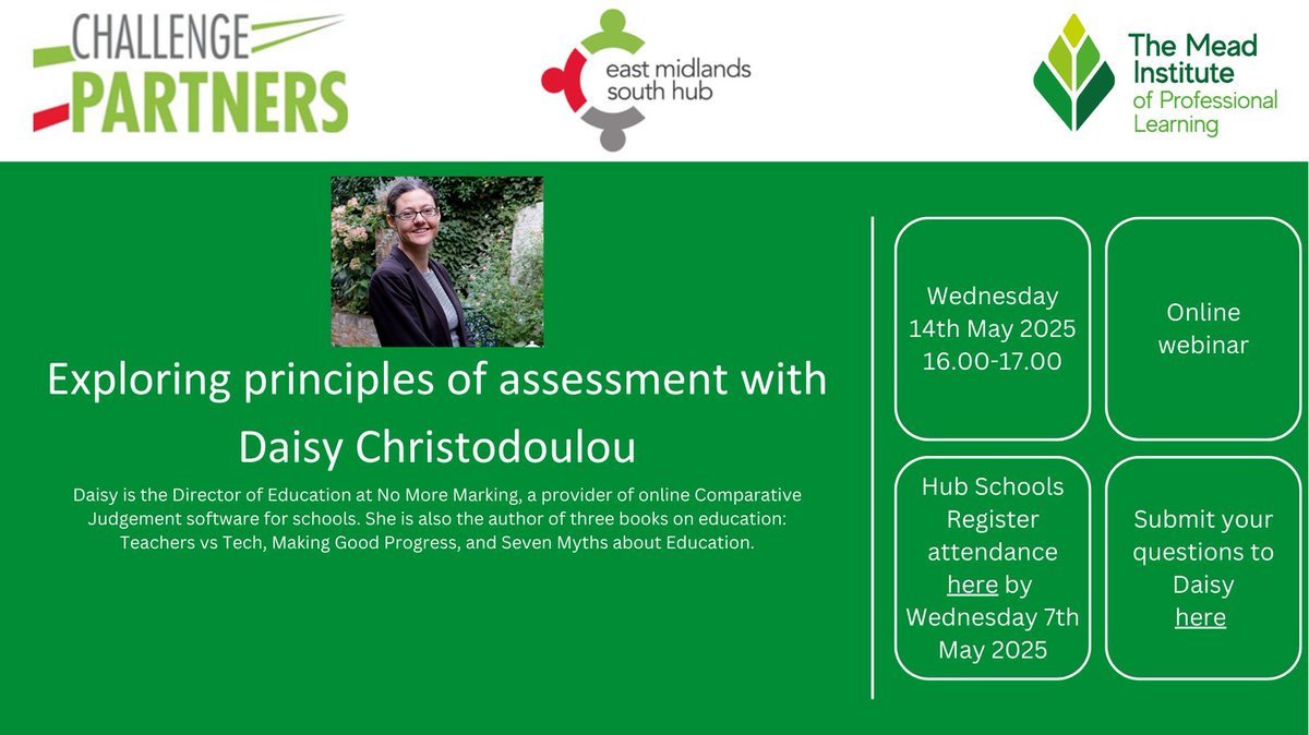 Save the date! 📅 On Wednesday, May 14th, 2025, join the brilliant Daisy Christodoulou for an exciting deep dive into the Principles of Assessment! 🎯
<a href="/daisychristo/">Daisy Christodoulou</a> @ChallengePartnr
#AssessmentMastery #EducationInnovation