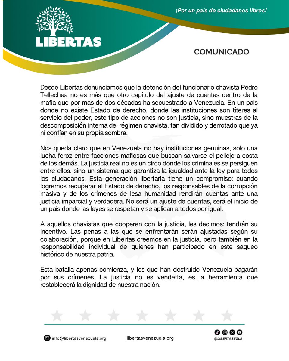 Libertasvzla's tweet photo. La detención de Pedro Tellechea no es justicia, es un ajuste de cuentas entre mafiosos chavistas. En Libertas haremos que los corruptos y criminales de lesa humanidad rindan cuentas ante una justicia imparcial. La impunidad se acaba. 🇻🇪✊ #Libertas #Justicia #Venezuela https://t.co/tZdVhzMAWf
