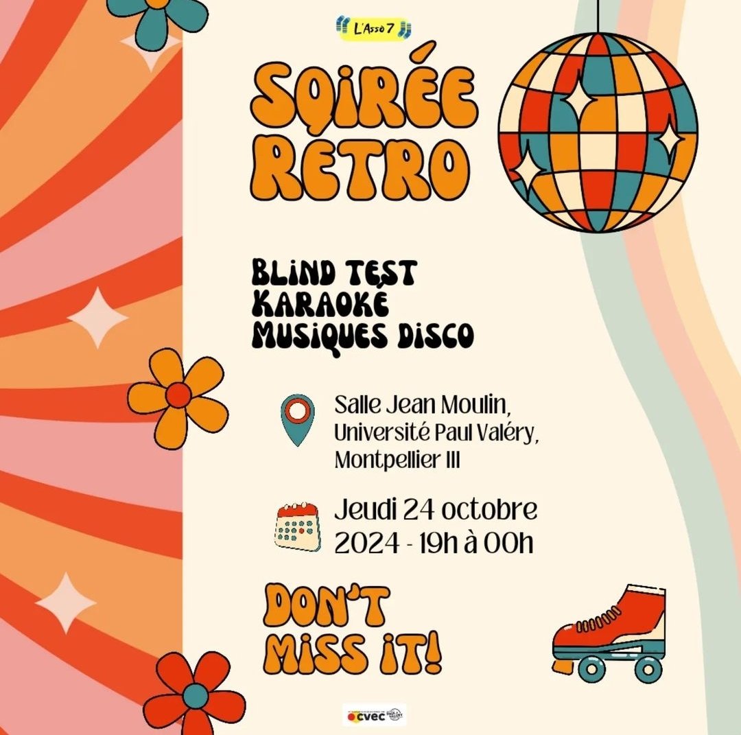 Soirée Rétro 🎶

On vous attend le Jeudi 24 Octobre avec un programme chargé !🔥
🎤Blind Test et Karaoké sur les plus grands classiques des années 70, 80 et 90 
💃🕺Soirée dansante jusqu'au bout de la nuit 

Venez avec votre plus beau look vintage😁
#asso7 #paulva #viedecampus