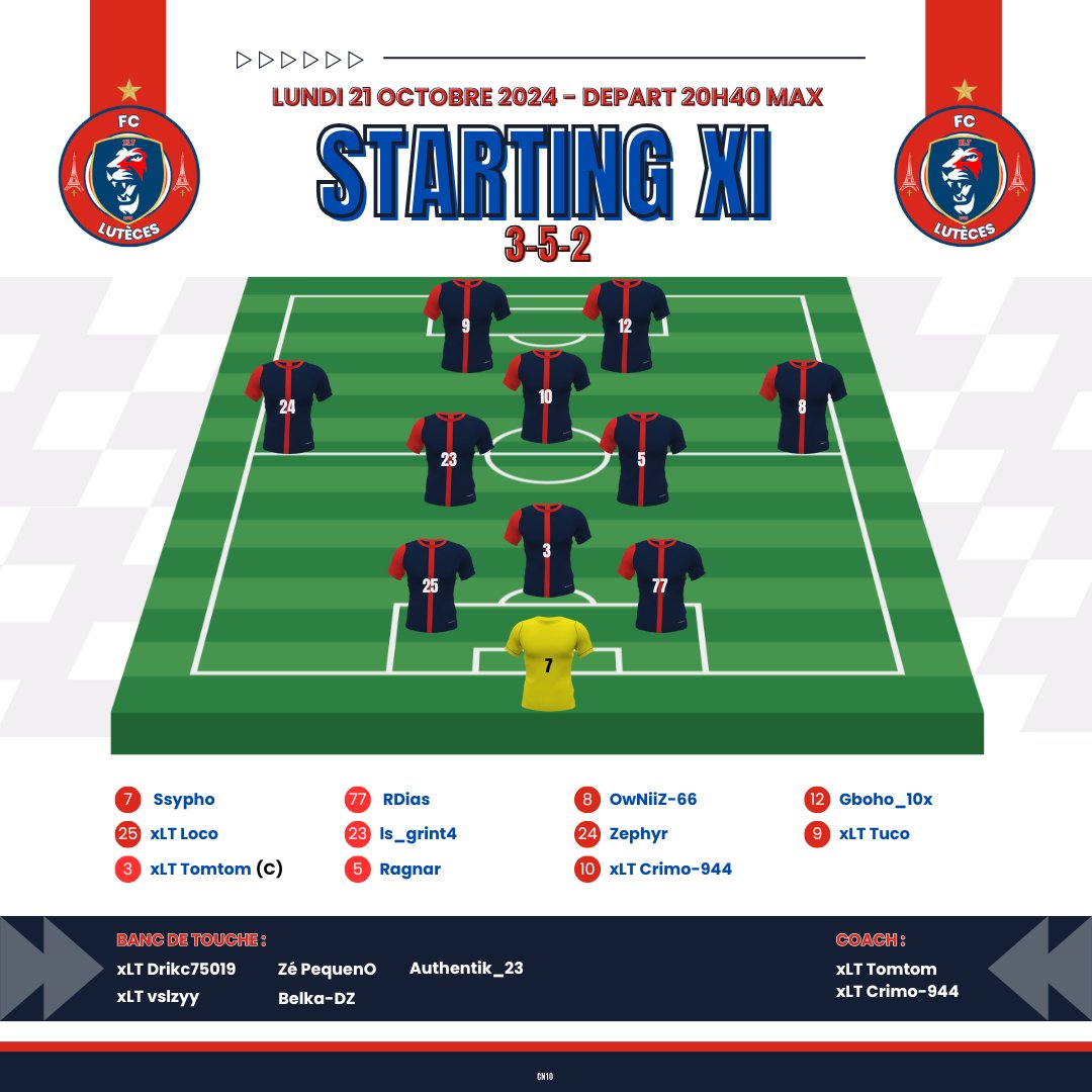 🔵XI DE DEPART🔴
- <a href="/VPGFrance_/">VPG France</a> &amp; <a href="/OfficialVPG/">Virtual Pro Gaming</a> 
- 21:20⏲️
- 21/10/2024 🗓️
 
<a href="/xLTCrimo944/">CN10</a> <a href="/tom_tom510379/">TomTom</a> @Gboho__10x @OwNiiZ__66