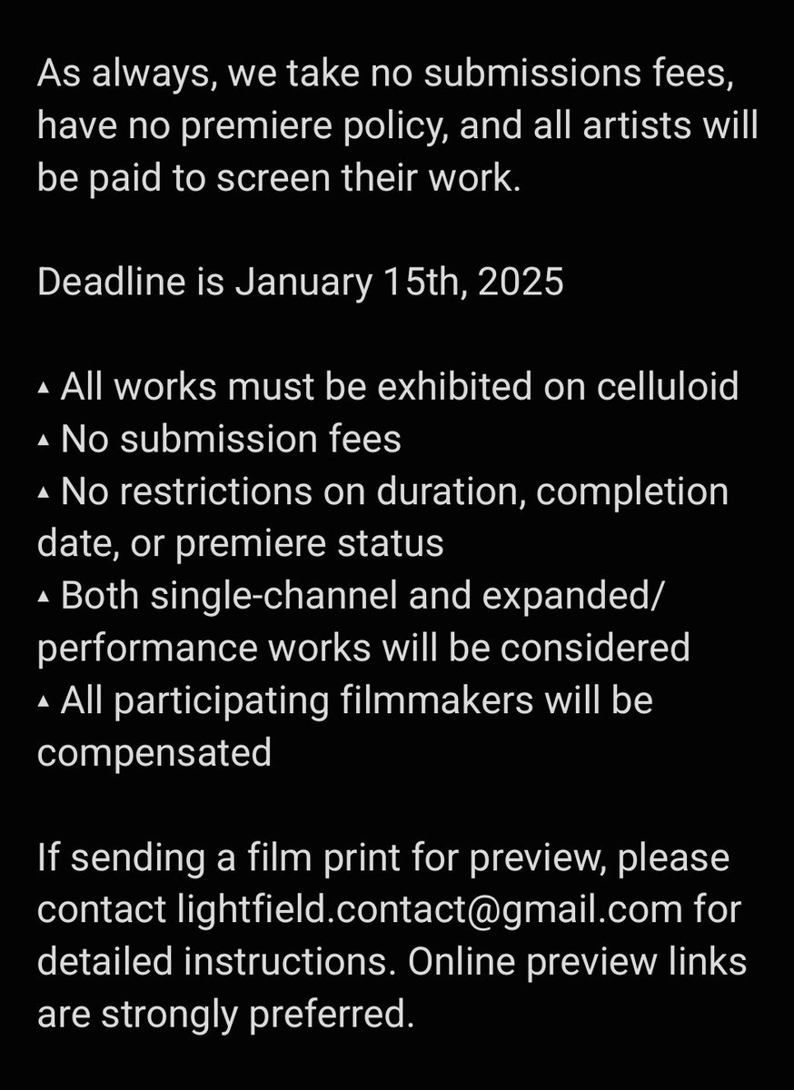we are happy to announce that our call for submissions is now open for the next iteration of Light Field which will take place at <a href="/TheLabSF/">The Lab</a> on April 11 - 13, 2025! please spread far &amp; wide &amp; send us your work!

submissions link: docs.google.com/forms/d/e/1FAI…