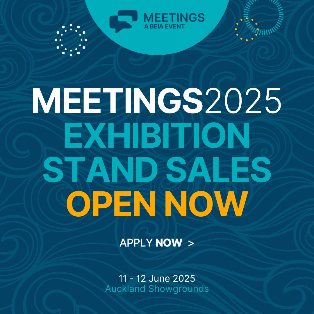 TweetBEIA's tweet photo. Exhibition stand sales for #MEETINGS25, NZ's largest tradeshow for the BE industry for over 25 years, are open NOW! Explore the available options and APPLY here: https://t.co/jdGqkflUyX

Watch the #MEETINGS24 showreel: https://t.co/2bBI5B0TVv

#BEIA #BUSINESSEVENTSNZ #MEETinNZ https://t.co/Bj5VfGqsAJ