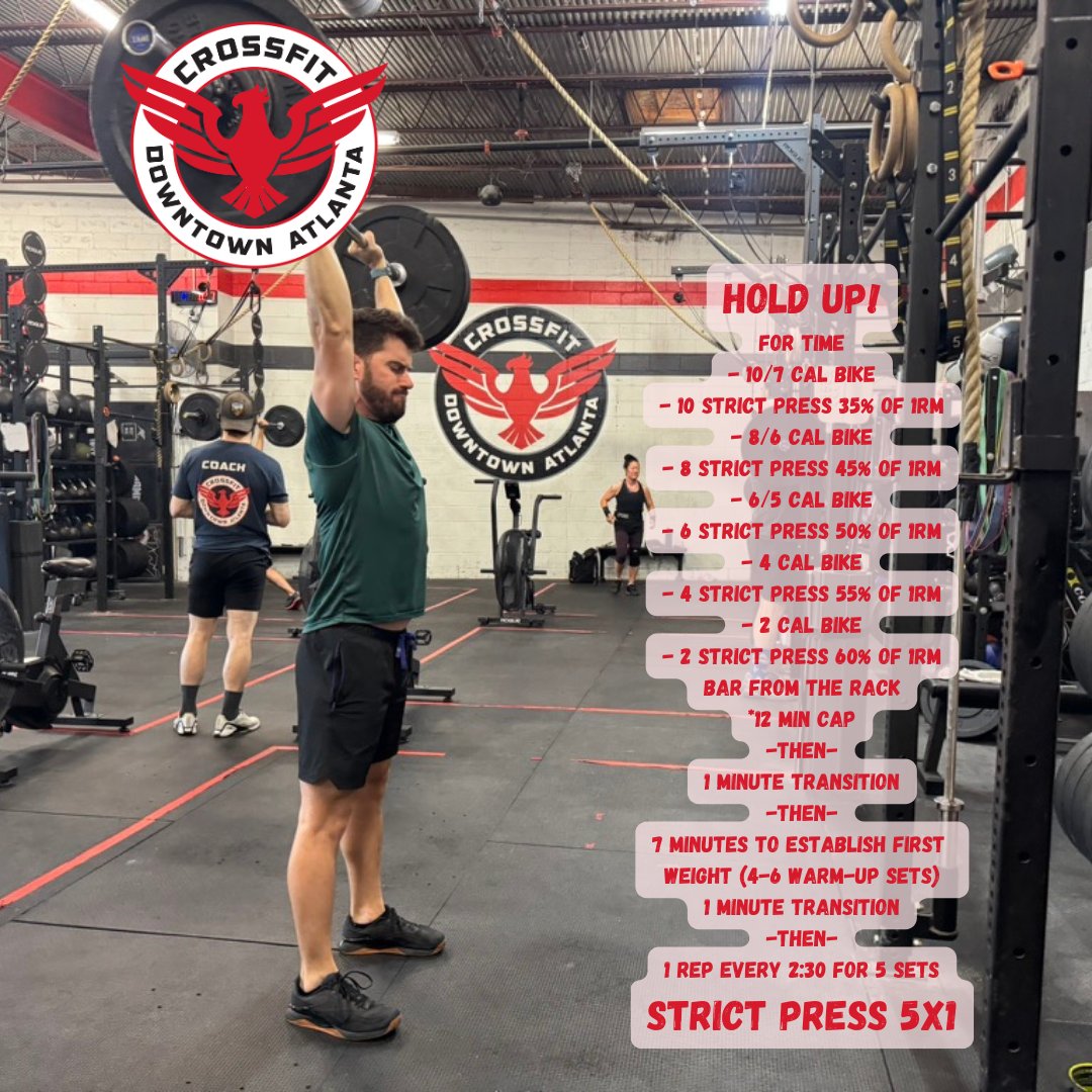 cfdowntownatl's tweet photo. 241022 "Hold Up!" #fortime #strictpress #airbike #onerepmax #cfda #liftheavy #runfast #havefun #bewell #cabbagetown #crossfitwod #committedtocrossfit #crossfit #WOD #CFWOD #workout https://t.co/t1ShFfUdgP