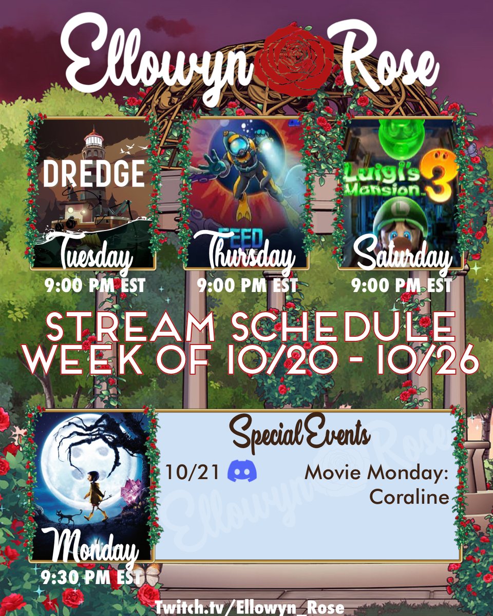 Ellowyn_Rose's tweet photo. Look at me posting a schedule 2 weeks in a row! I’m so proud of myself! Also, you should join us on Discord for movie night!

Mon, Oct 21, 9:30 PM EST| Movie: Coraline
Tue, Oc 22, 9 PM EST | Dredge
Thu, Oct 24, 9  PM EST | Feed the Deep
Sat, Oct 26, 9 PM EST | Luigi’s Mansion 3 https://t.co/ZY6mMM7OEY