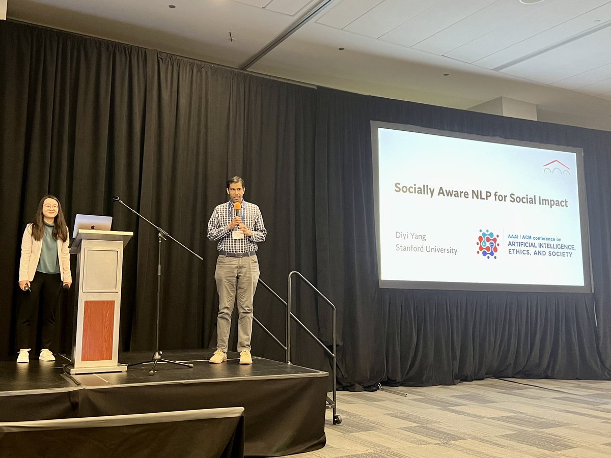 Exciting start to <a href="/AIESConf/">AI, Ethics, and Society Conference (AIES)</a> with an insightful keynote by <a href="/Diyi_Yang/">Diyi Yang</a> on “Socially Aware NLP for Social Impact” introduced by program co-chair <a href="/krvarshney/">Kush Varshney कुश वार्ष्णेय</a> #AIES2024
