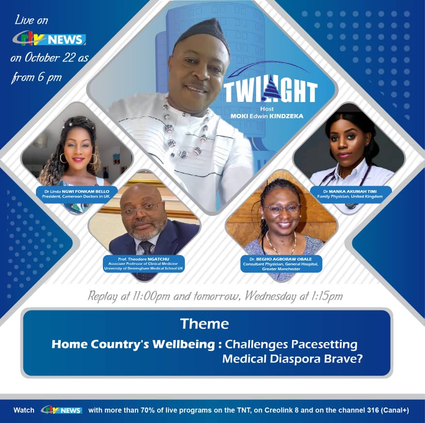 📺 We're on Twilight on <a href="/CRTV_web/">CRTVweb</a> News today at 6pm!

Host: Moki Edwin Kindzeka

Theme: "Home Country's Wellbeing: Challenges Pacesetting, Medical Diaspora Brave?"

Guests:
1) Dr Linda Ngwi Fonkam Bello
2) Prof. Theodore Ngatchu
3) Dr Begho Agboraw Obale
4) Dr Manka Akumah Timi