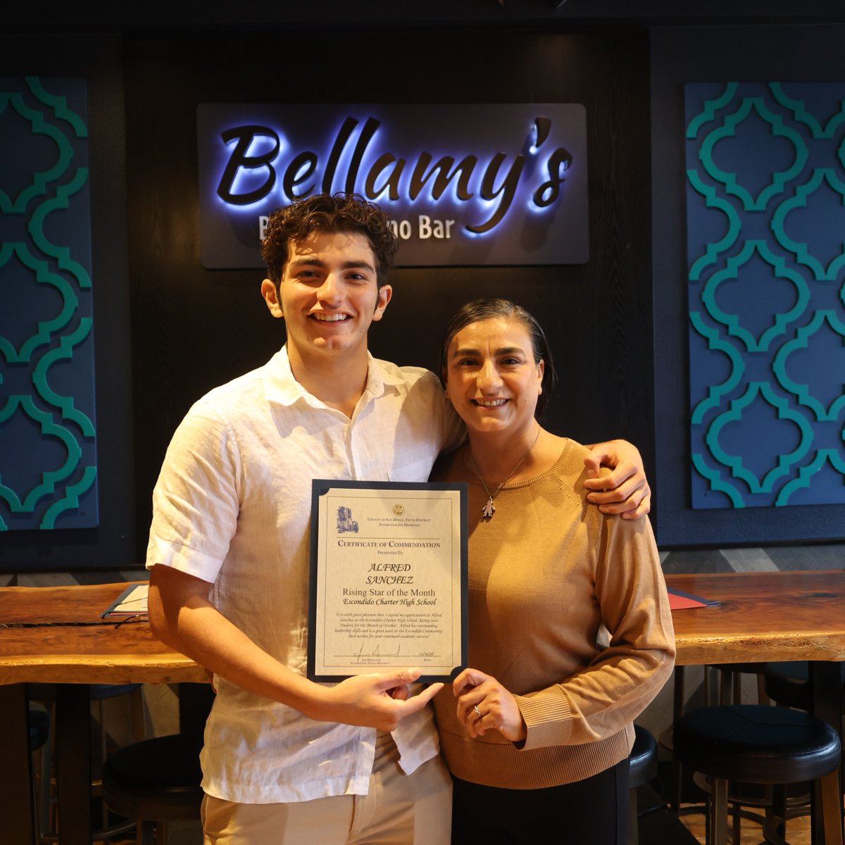 BellamysDining's tweet photo. At Bellamy's, we are deeply honored to support education and our vibrant community. Last week, we proudly hosted "Escondido's Rising Stars," a celebration dedicated to senior high school students who have achieved outstanding academic success despite facing adversity. 🌟 https://t.co/J4dngPz3yP