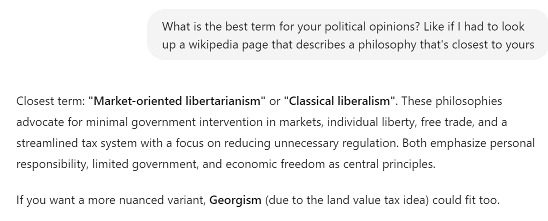 i told chatgpt to roleplay as a brilliant LLM that's trained on the entire internet and has strong opinions. Then I asked what political philosophy it identifies with