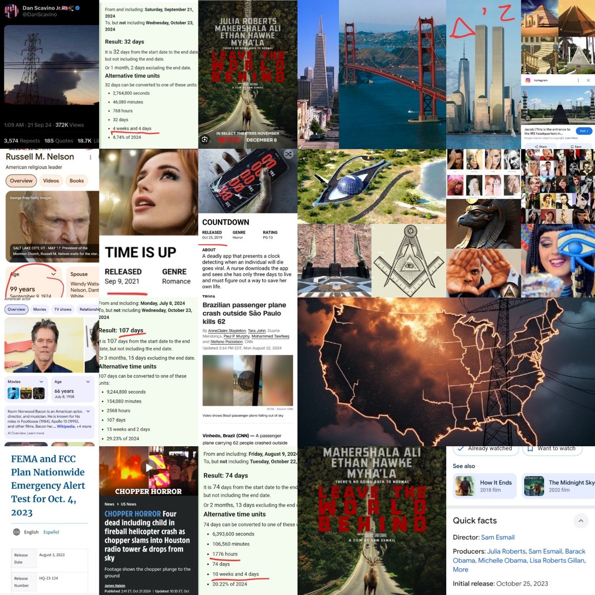LEAVE THE WORLD BEHIND STARTS NOW‼️‼️🧟 

OCT 23 IS 171 DAYS FROM GAVIN NEWSOMS MAY 5TH (5:5) VIDEO ON THE GOLDEN GATE BRIDGE (711) TIME FOR AN EARTHQUAKE TO TAKE DOWN THE GOLDEN GATE BRIDGE 🌉

5:5 WATCH CALIFORNIA, WATCH NEW YORK🌉🗽 

OCT 26 IS 88 DAYS FROM EMPIRE STATE