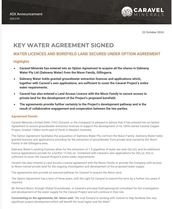 CaravelMinerals's tweet image. Caravel Minerals has entered into an Option Agreement to secure groundwater extraction licences to support the development of its Caravel Copper Project, providing further certainty for the Project's development pathway.
$CVV #copper #WA 
ow.ly/1vzP50TQmEs