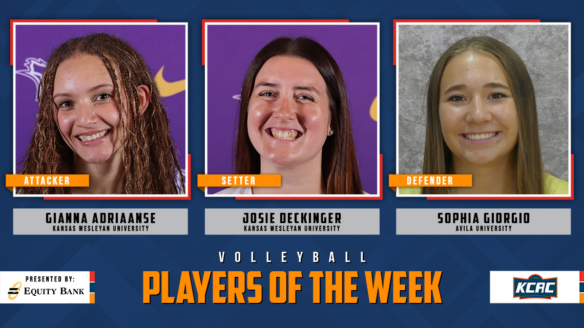 Kansas Collegiate Athletic Conference (@kcacsports) on Twitter photo Gianna Adriaanse and Josie Deckinger, both of <a href="/kwucoyotes/">Kansas Wesleyan Coyotes</a>, and Sophia Giorgio of <a href="/Avila_Athletics/">Avila Athletics</a> Earn KCAC Women's Volleyball Weekly Honors, presented by <a href="/EQUITYBANK/">Equity Bank</a>! #KCACvb #LetsBuildEquity #LetsBuildLeaders
kcacsports.com/news/2024/10/2โฆ
<a href="/NAIA/">NAIA</a> Gianna Adriaanse and Josie Deckinger, both of <a href="/kwucoyotes/">Kansas Wesleyan Coyotes</a>, and Sophia Giorgio of <a href="/Avila_Athletics/">Avila Athletics</a> Earn KCAC Women's Volleyball Weekly Honors, presented by <a href="/EQUITYBANK/">Equity Bank</a>! #KCACvb #LetsBuildEquity #LetsBuildLeaders
kcacsports.com/news/2024/10/2โฆ
<a href="/NAIA/">NAIA</a>