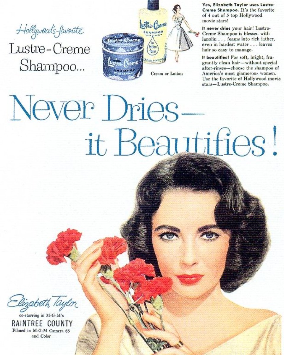 ElizabethTaylor's tweet image. Elizabeth’s irresistible charm made her the perfect candidate to be the face of brands like Max Factor, Lux, and Lustre-Crème and more in the 50s/60s.

Get a glimpse at the ads she used to feature in!

#ElizabethTaylor #MaxFactor #Lux #LustreCreme #VintageAds