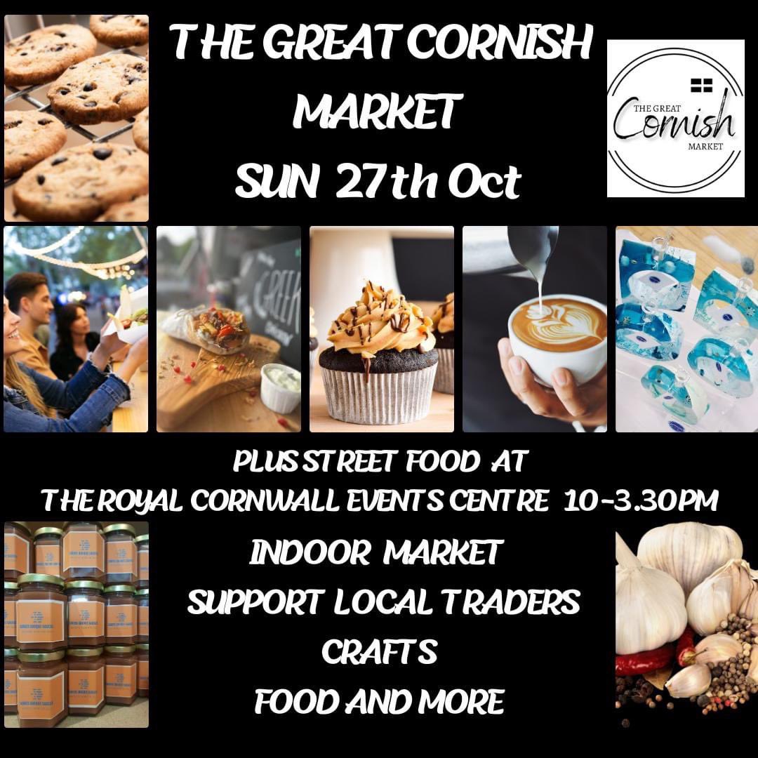 The Great Cornish Market returns to the Royal Cornwall Events Centre on Sun 27th Oct 10-3pm 
Dog friendly 
Street Food 
Free parking 
Fabulous local companies 
#shopping #crafts #streetfood #supportlocal #wadebridge