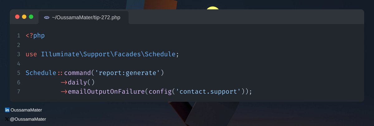 OussamaMater's tweet photo. Laravel Tip 💡: Email Command Failures Automatically

Did you know that Laravel ships with the "emailOutputOnFailure" method which automatically sends the output of a failed command to your email? 🚀

#laravel https://t.co/jqRINiTxBm