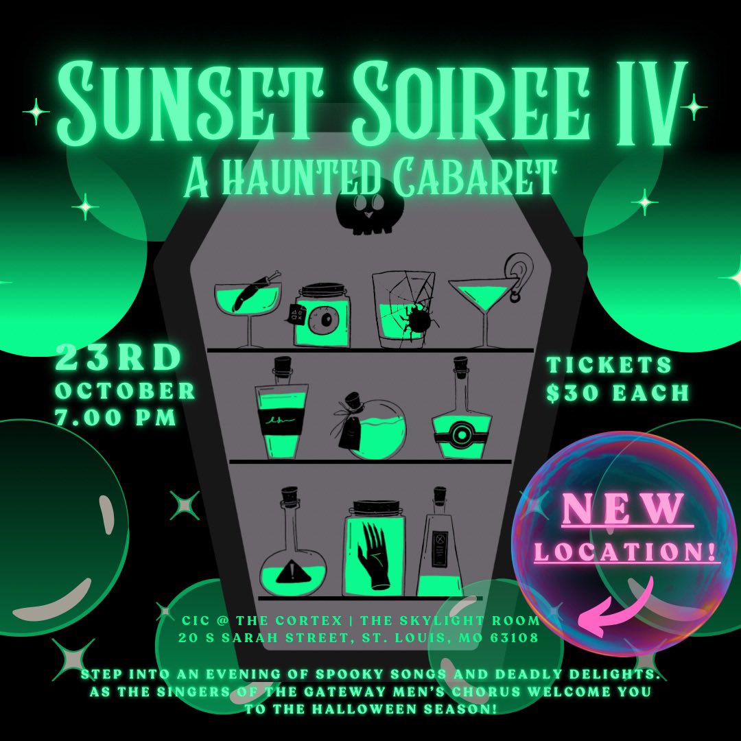 Due to unforeseen circumstances at Riccardo's, our Sunset Soiree cabaret will now be held at CIC @ The Cortex on 20 South Sarah Street, St. Louis 63108.

This new venue boasts gated parking as well as full accessibility