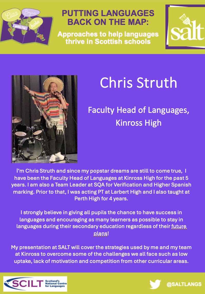 SALTLANGS's tweet image. Speaker Spotlight! Join @Mr_Struth as he shares how his department maintain high levels of uptake across 5 languages, despite a falling school role. Chris will share tips for improving attainment, uptake and engagement amongst learners. We're excited! Not long left to sign up!