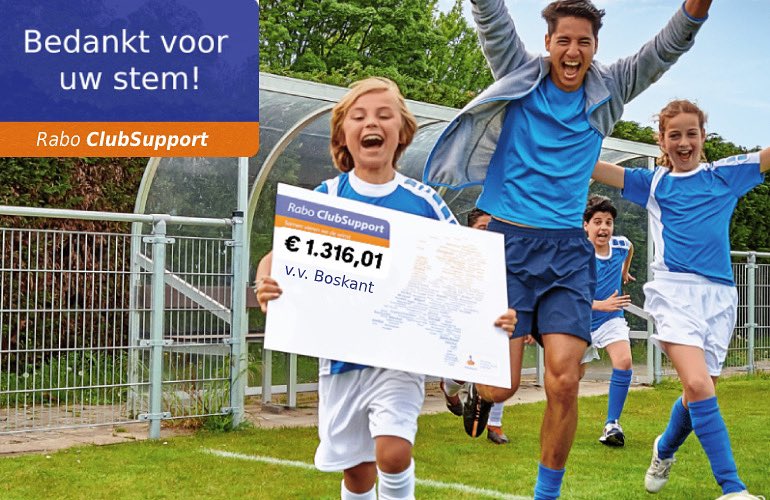 Bedankt iedereen die op ons gestemd heeft bij de Rabo ClubSupport actie! Al jullie stemmen hebben ons een prachtig bedrag opgeleverd van € 1.316,01!