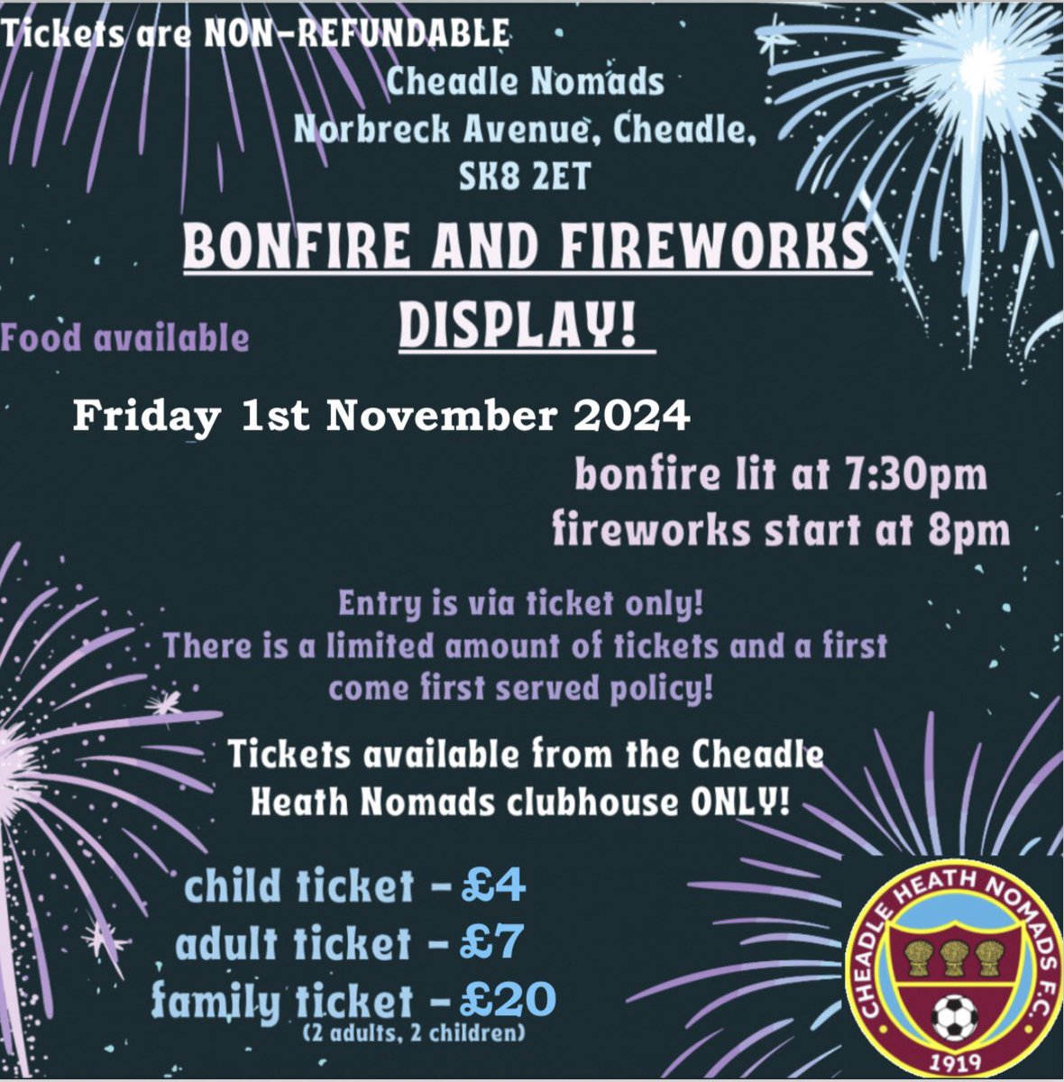 Our annual Bonfire and Fireworks display takes place on Friday November 1st and tickets are available from our clubhouse any evening after 6pm. The event is always a great occasion for all so please don’t miss out.