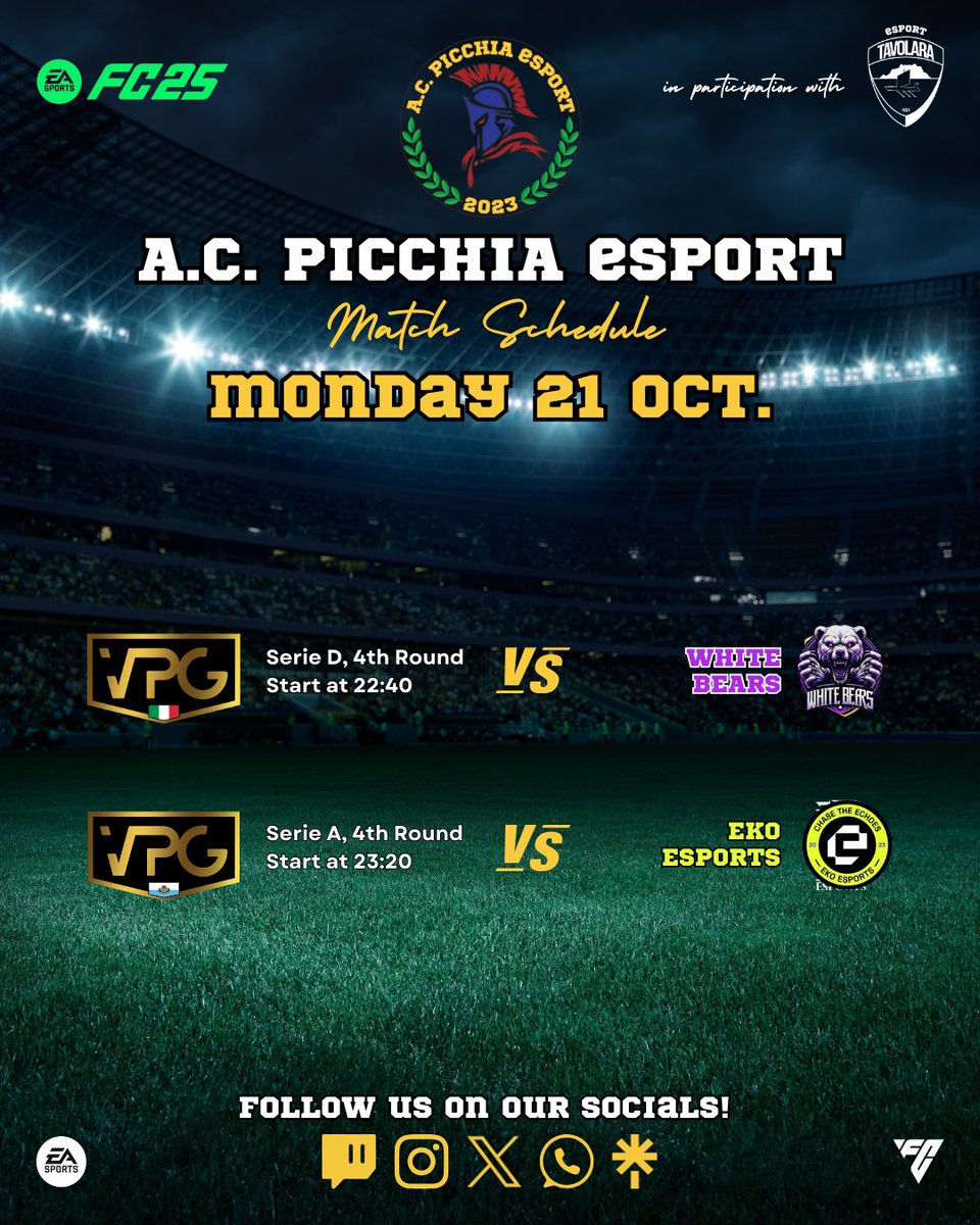 📢 MATCHDAY

🏆 <a href="/VPGItaly/">VPG Italy 🇮🇹</a> - Serie D
🆚 <a href="/WHITE_BEARS_VPC/">onu85</a> 
⏰ 22:40
__________

🏆 <a href="/VPGSanMarino/">VPG San Marino 🇸🇲</a> - Serie A
🆚 <a href="/EkoProClub/">EKO eSports ProClub ©️</a>
⏰ 23:20

👀 Follow us live on Twitch:

twitch.tv/acpicchiaesport