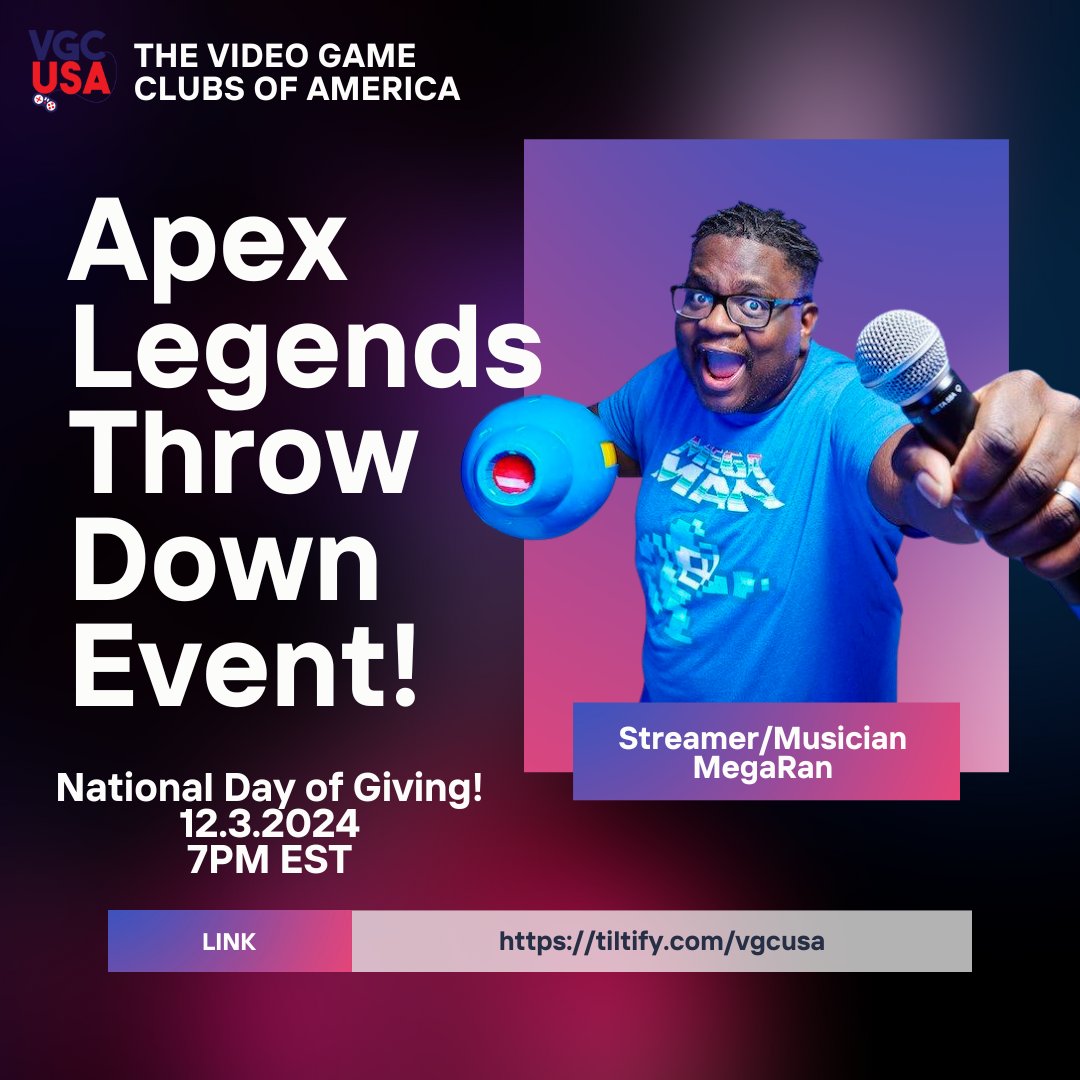 <a href="/MegaRan/">Mega Ran</a> Is in! .... Are you? 

Join us December 3rd to help marginalized kids! 
#rethinkgaming #gamingclubs #vgcusa #megaranmusic