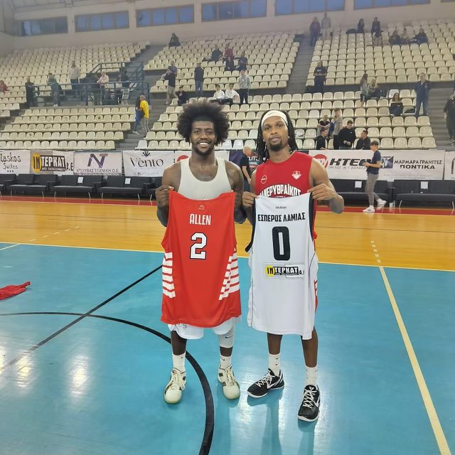DeMathaCatholic's tweet photo. Update on two former Stags playing professionally in the Greece Elite League, who just played against each other. First cousin Terrell Allen '15 &amp; Ryan Allen '17 battled to the end. You may ask who won? 
The Allen family! https://t.co/S9RhByK64A