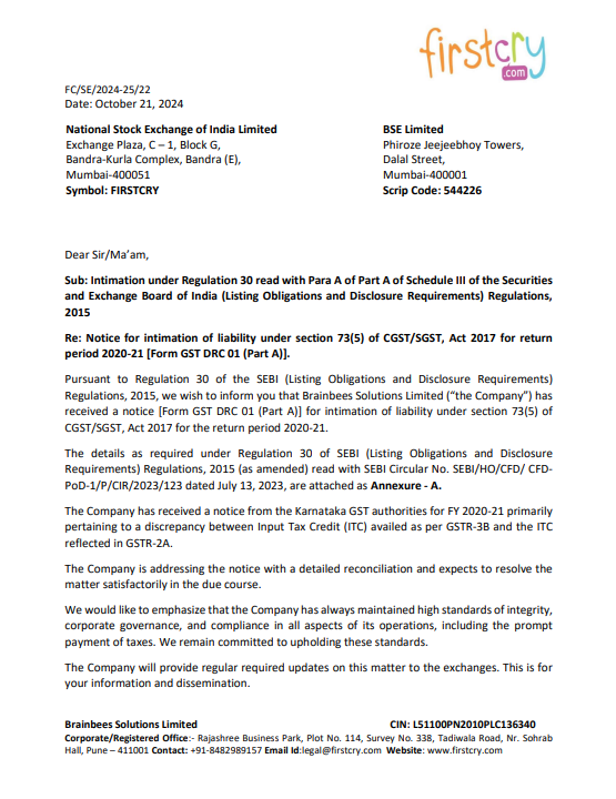 ravibhaumiriya's tweet image. Brainbees Solutions Ltd

#FIRSTCRY #Brainbees 

Notice for intimation of liability under section 73(5) of CGST/SGST, Act 2017 for return period 2020-21 [Form GST DRC 01 (Part A)]