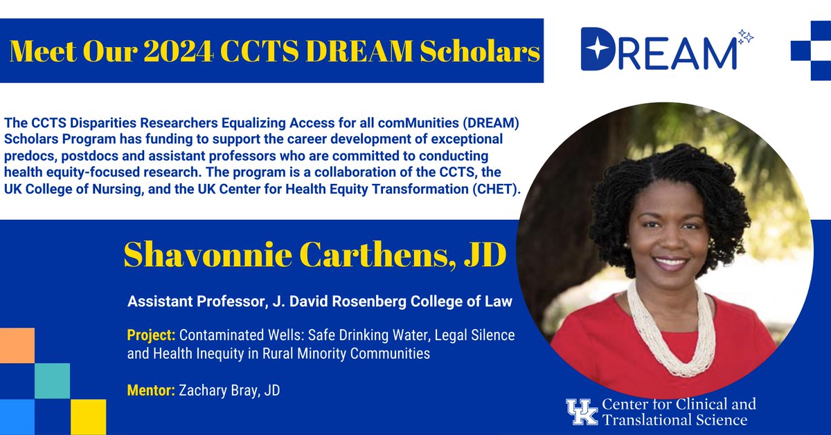Meet Our 2024 CCTS DREAM Scholars: PART 1. The CCTS Disparities Researchers Equalizing Access for all comMunities (DREAM) Scholars Program has funding to support the career development of exceptional predocs, postdocs and assistant professors.

Learn more➡ccts.uky.edu/dream