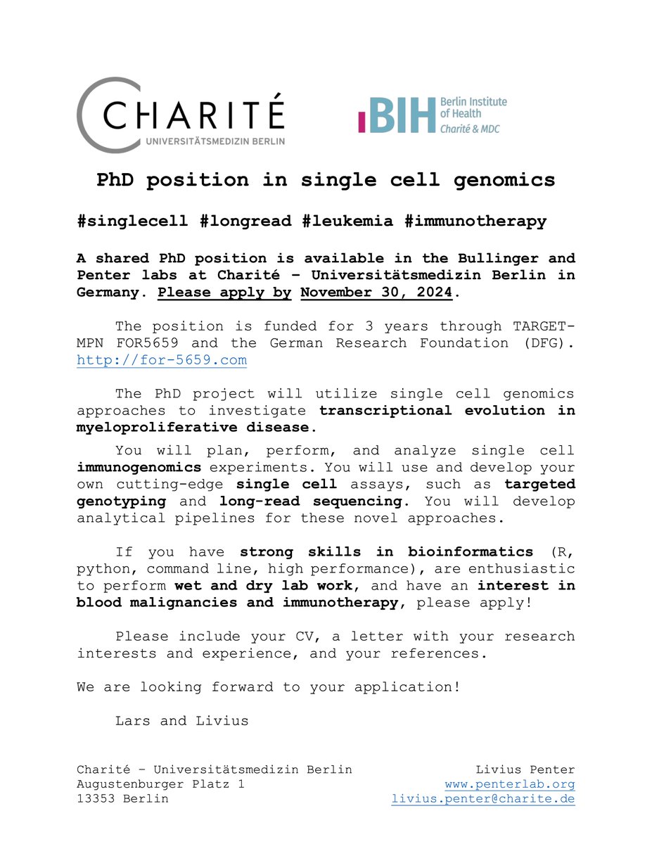 ⚠️🚨🔬🩸
We are looking for a #PhD student who will work on #singlecell #longread research in #MPN <a href="/ChariteBerlin/">Charité - Universitätsmedizin Berlin</a> funded by <a href="/dfg_public/">DFG public | @dfg_public@wisskomm.social</a> #FOR5659

Please consider applying! 

For a sample of previous work see my latest publication.
x.com/livius_tacitus…
#leukemia #immunotherapy
