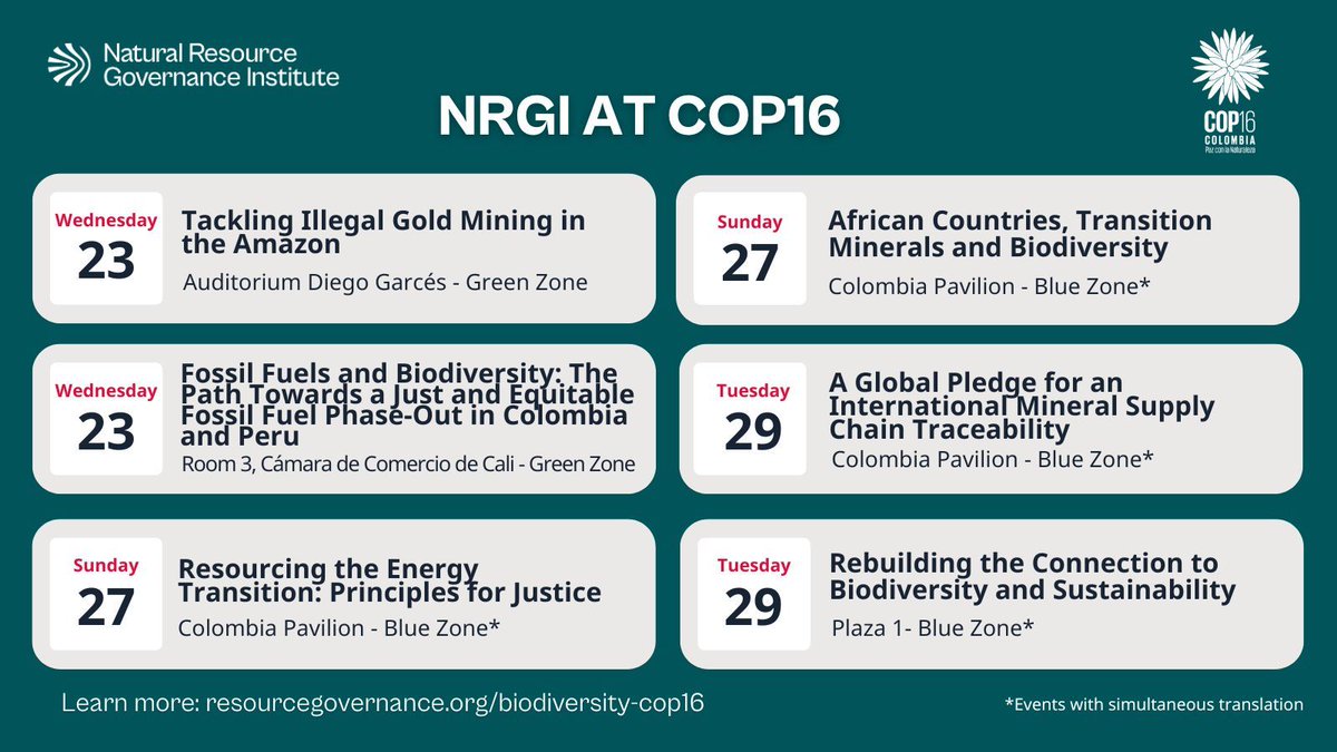 Join NRGI experts at #COP16 in Cali, Colombia, as they discuss key topics inc. the path to a just fossil fuel phase-out, tackling illegal gold mining, and transition minerals—all through a biodiversity lens.

Explore all events featuring NRGI here: resourcegovernance.org/biodiversity-c…