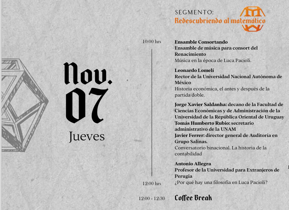GeniusPacioli's tweet photo. Te compartimos el resto del itinerario de “Redescubriendo a un genio: Luca Pacioli”. 📚✨

 Acompáñanos del 6 al 8 de noviembre para explorar este genio del Renacimiento que revolucionó la contabilidad tal como las conocemos hoy. 🧮 @RicardoBSalinas 

https://t.co/DF0Lo0qYos https://t.co/6JVkzyxm9m