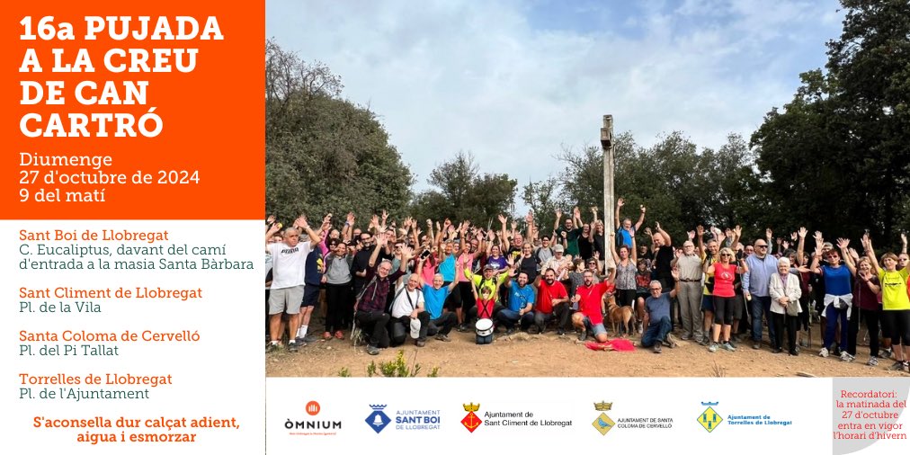 OmniumSantBoi's tweet photo. Arriba la tradicional pujada a la Creu i Pi de Can Cartró i tindrà lloc aquest diumenge 27 d’octubre.

📆 27 d’octubre 2023
🕘 9:00 h
#SantBoi. C/ Eucaliptus
#SantCliment. Pl. de la Vila
#SantaColomadeCervelló. Pl. del Pi Tallat
#Torrelles. Pl. de l’Ajuntament

T’hi esperem! https://t.co/qXCWEgNDrd