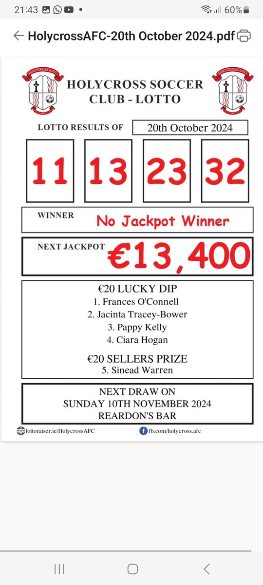 Holycross_afc's tweet photo. Lotto Results from last night. Jackpot now €13,400. Play online 📷
https://t.co/F2Osw7QFh3 https://t.co/3UT0FsE8VJ