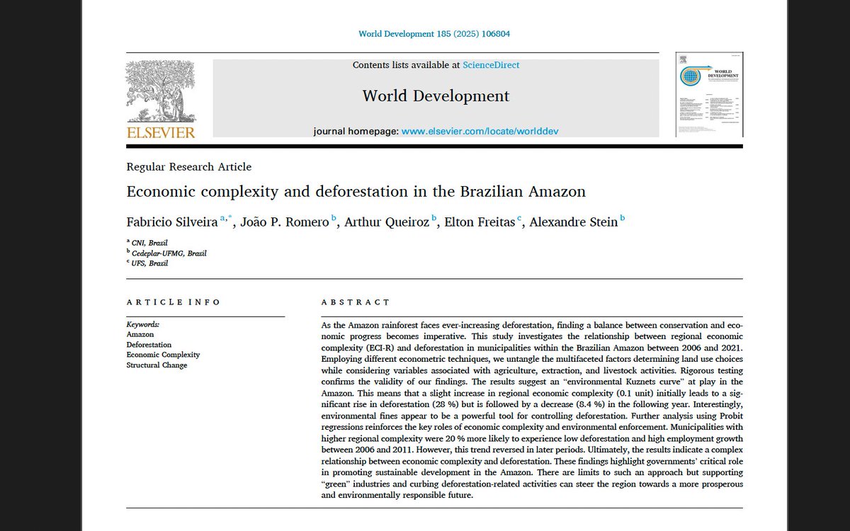 1/10 🚨New Paper🚨

What is the relationship between economic complexity and deforestation in the Amazon rainforest?

Fabricio Silveira, <a href="/queirozrarthur/">Arthur Queiroz</a>, <a href="/eltonfreitas7/">Elton Freitas</a>, <a href="/QueirozStein/">Alex Stein</a> and I sought to contribute to answer this question in our paper in <a href="/WorldDevJournal/">World Development</a>.

Thread.👇