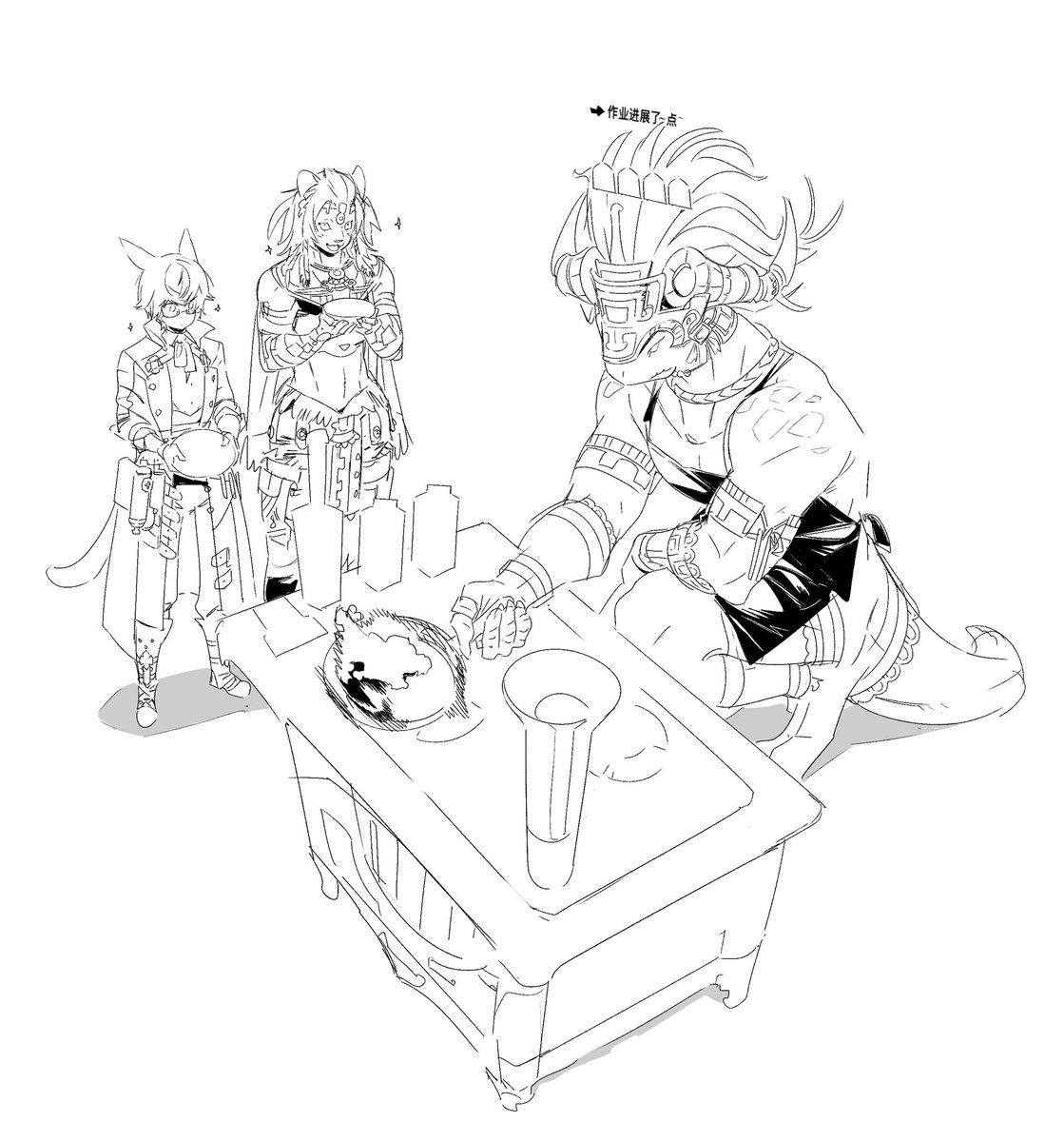 Yomagnto's tweet photo. #FFXIVART #DAWNTRAIL
海都挂机练生产的佐拉加，以及在旁边等饭的弟妹 https://t.co/0KBITl2LtT