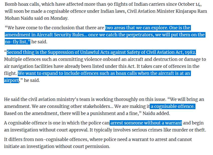 AswathyAshwathi's tweet image. Very Good decision - Bomb Hoax Calls to be made cognizable offense says Civil Aviation Minister KRM Naidu by amending the Suppression of Unlawful Acts against Safety of Civil Aviation Act, 1982
@RamMNK @MoCA_GoI
#BombHoaxCalls #BombHoax #Flights #FLIGHT #
business-standard.com/industry/news/…