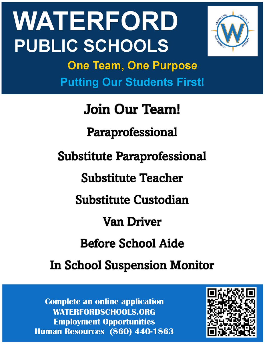 Join the Waterford Team!  Full and part-time positions are available in a variety of positions.  Apply online at waterfordschools.org/our_district/d…