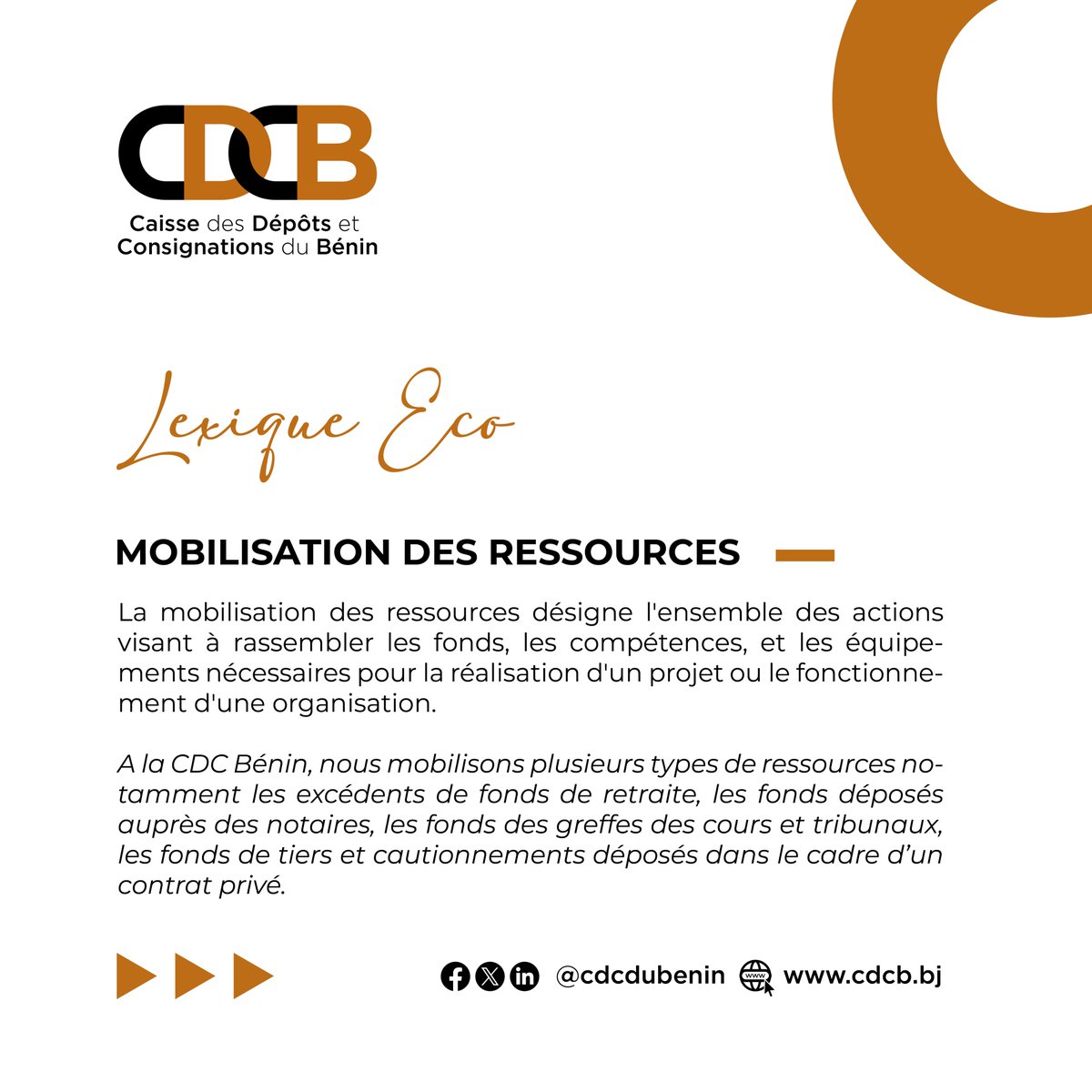 cdcdubenin's tweet photo. Grâce à notre rubrique « Lexique Eco », explorez chaque lundi des termes et expressions essentiels pour mieux comprendre les activités de la @cdcdubenin. 

Nous démarrons aujourd'hui avec la “Mobilisation des Ressources ”, un thème essentiel parmi les métiers de l'Institution. https://t.co/WFeSbgh5Wf
