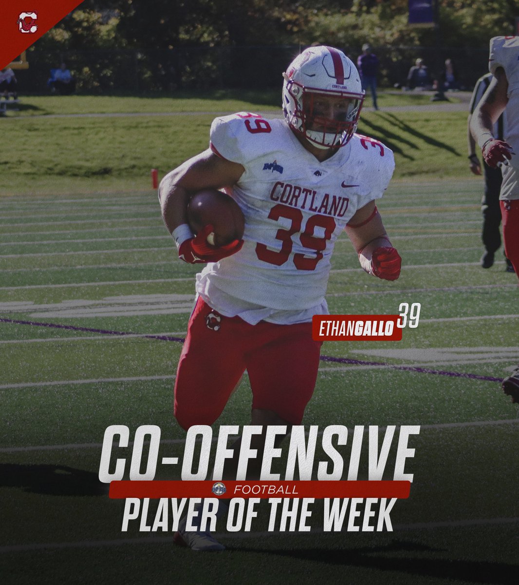 CortlandFB's tweet photo. Congrats to Ethan Gallo on being named Empire 8 Co-Offensive Player of the Week!

Ethan ran for 173 yards and 4 touchdowns in our win on Saturday.

#DragonRising 🐉 https://t.co/LND37FFWgl