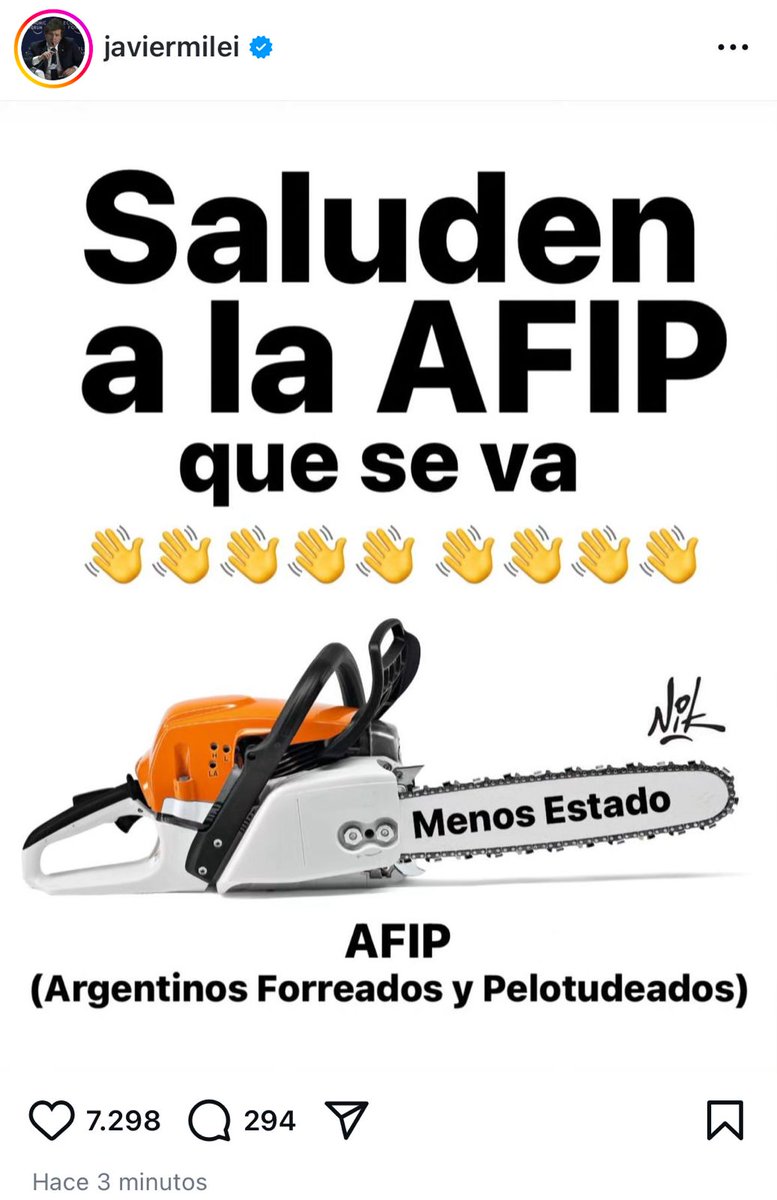 somoscorta's tweet photo. "Argentinos Forreados y Pelotudeados"

El posteo de Nik que publicó Javier Milei en su Instagram tras el anuncio del Gobierno sobre la disolución de la AFIP.