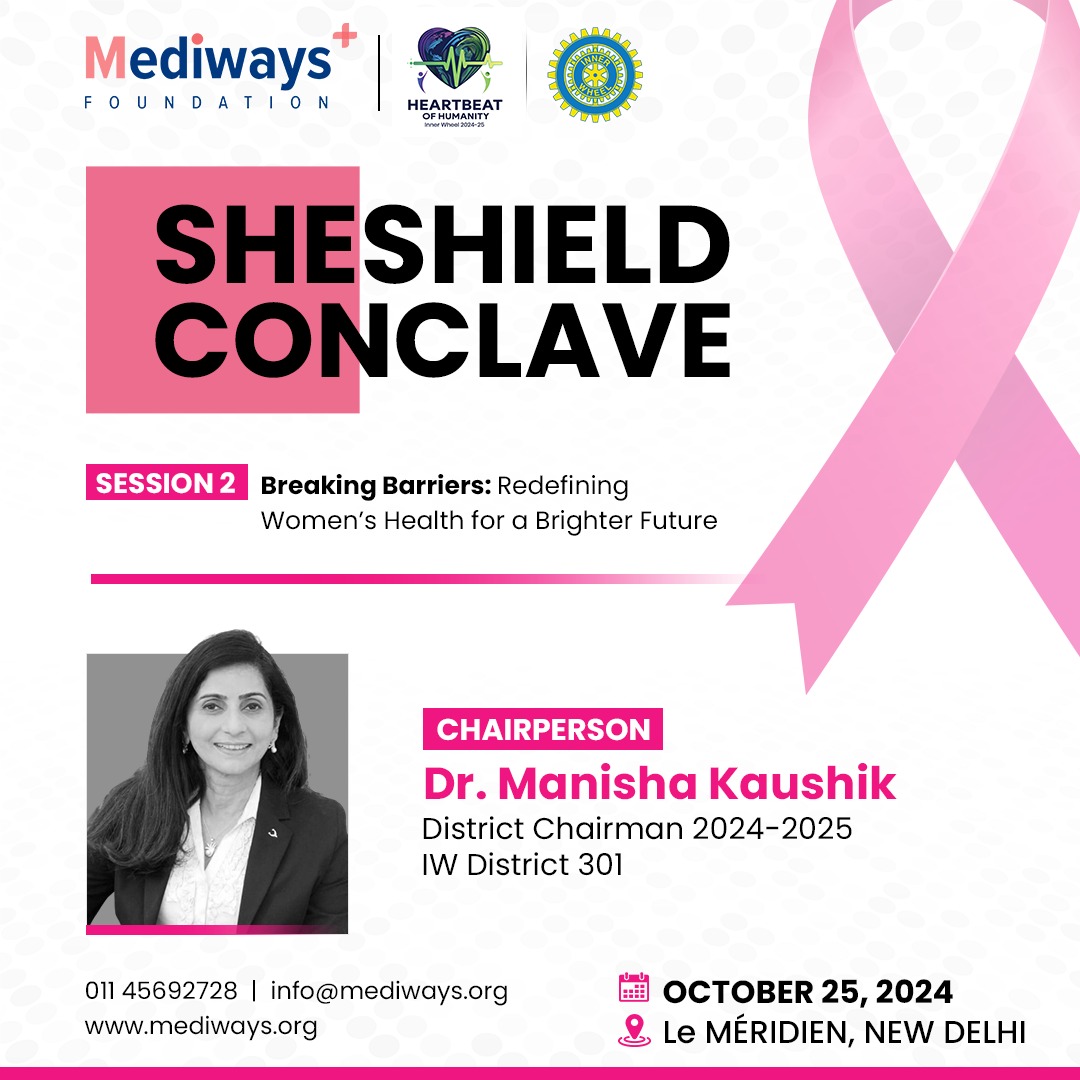 Health_Mediways's tweet photo. We are delighted to introduce Dr. Manisha Kaushik, District Chairman 2024-25 IWD 301, as the Chairperson of the SheShield Conclave 2024! Her leadership and dedication to women's health will drive impactful discussions and transformative change. Join us in supporting this mission! https://t.co/0VV55mYD1d