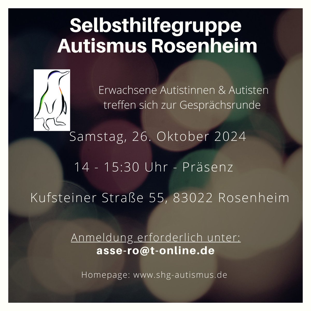 Die Selbsthilfegruppe trifft sich im Oktober wieder zur Gesprächsrunde. 

Alle Informationen bekommt ihr unter den Kontaktdaten oder auf der Homepage: shg-autismus.de
