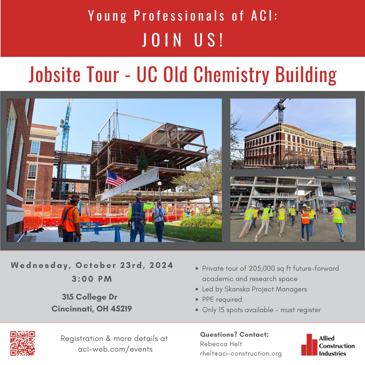 Allied Construction Industries (@aci_cincinnati) on Twitter photo Join the ACI Young Professionals for a tour of the UC Old Chem job site on Wednesday, October 23rd at 3pm.  Register now to be 1 of the 15 people on the tour! Join the ACI Young Professionals for a tour of the UC Old Chem job site on Wednesday, October 23rd at 3pm.  Register now to be 1 of the 15 people on the tour!