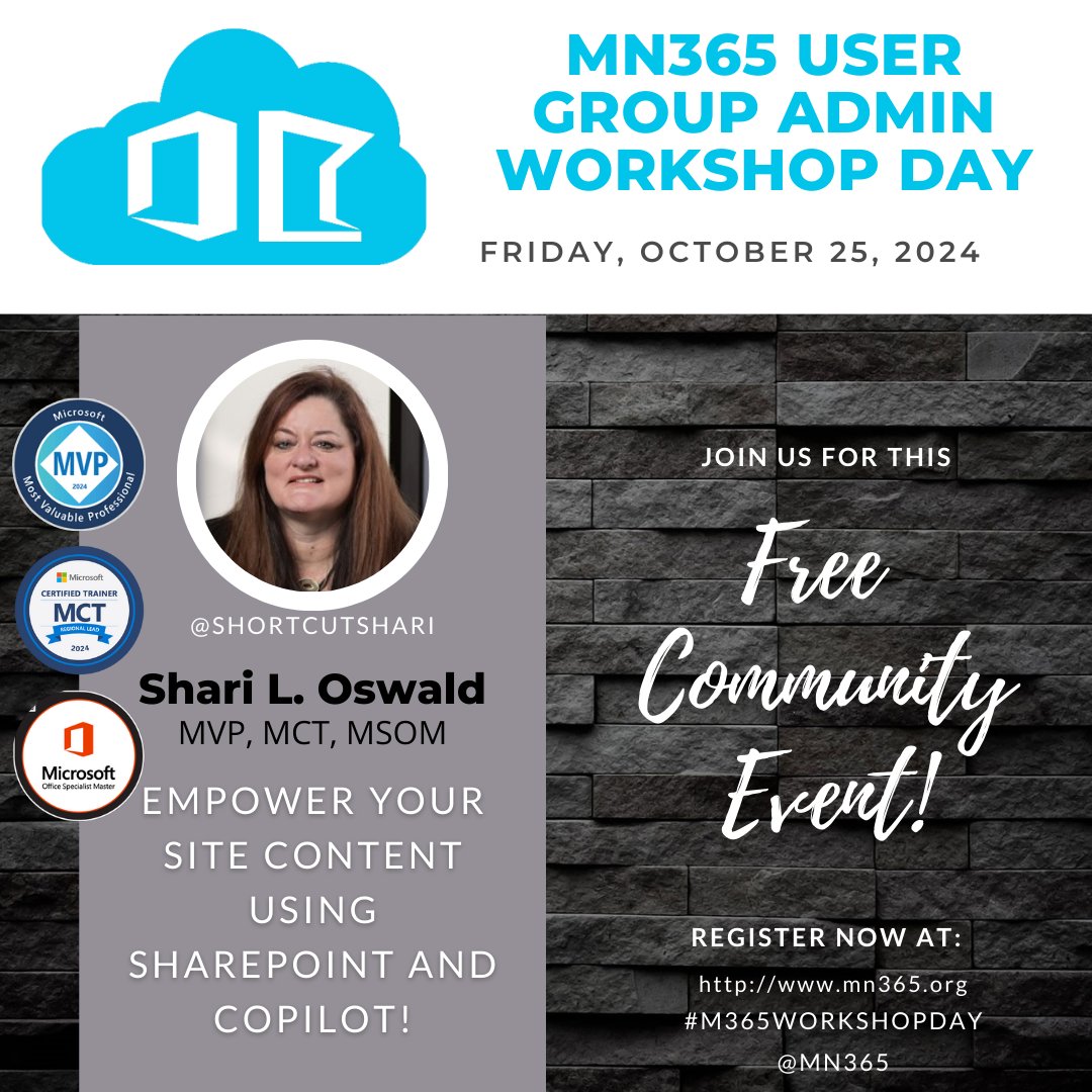shortcutshari's tweet image. Creating awesome #SharePoint content just got easier—join us at #MN365Admin for my session &amp;amp; earn how #Copilot can help you get creative with SharePoint: bit.ly/3rYmMwd. #MN365 #ContentCreation #FreeWorkshop #BoostProductivity#MVPBuzz