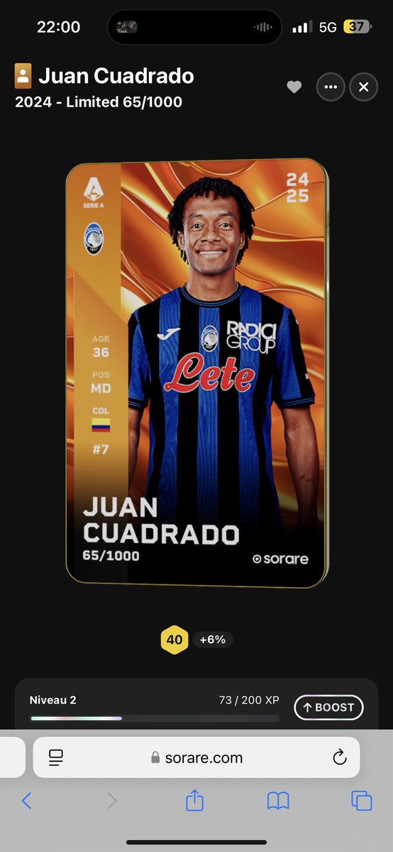 GIVEAWAY 🎁 Sorare

Juan Cuadrado est à gagner !!
TAS le vendredi 25 Octobre !! ⏳
Pour participer :

✅ follow me 
✅ Retweet et like le post
✅ Commente ton nom Sorare 

Bonne chance 🍀 à tous ! #Concours #Sorare #Giveaway #Limited #soraregiveaway