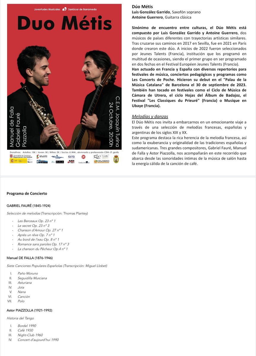 ¡No te pierdas el concierto del próximo jueves!
¡¡Todo el mundo a ver al Dúo Metis, Guitarra y Saxofón!! ¡¡A las 20.00 horas en el escenario Patio Grande!!
conservatoriosanlucar.es/ciclo-de-conci…
@educaand 
@ayto_sanlucar