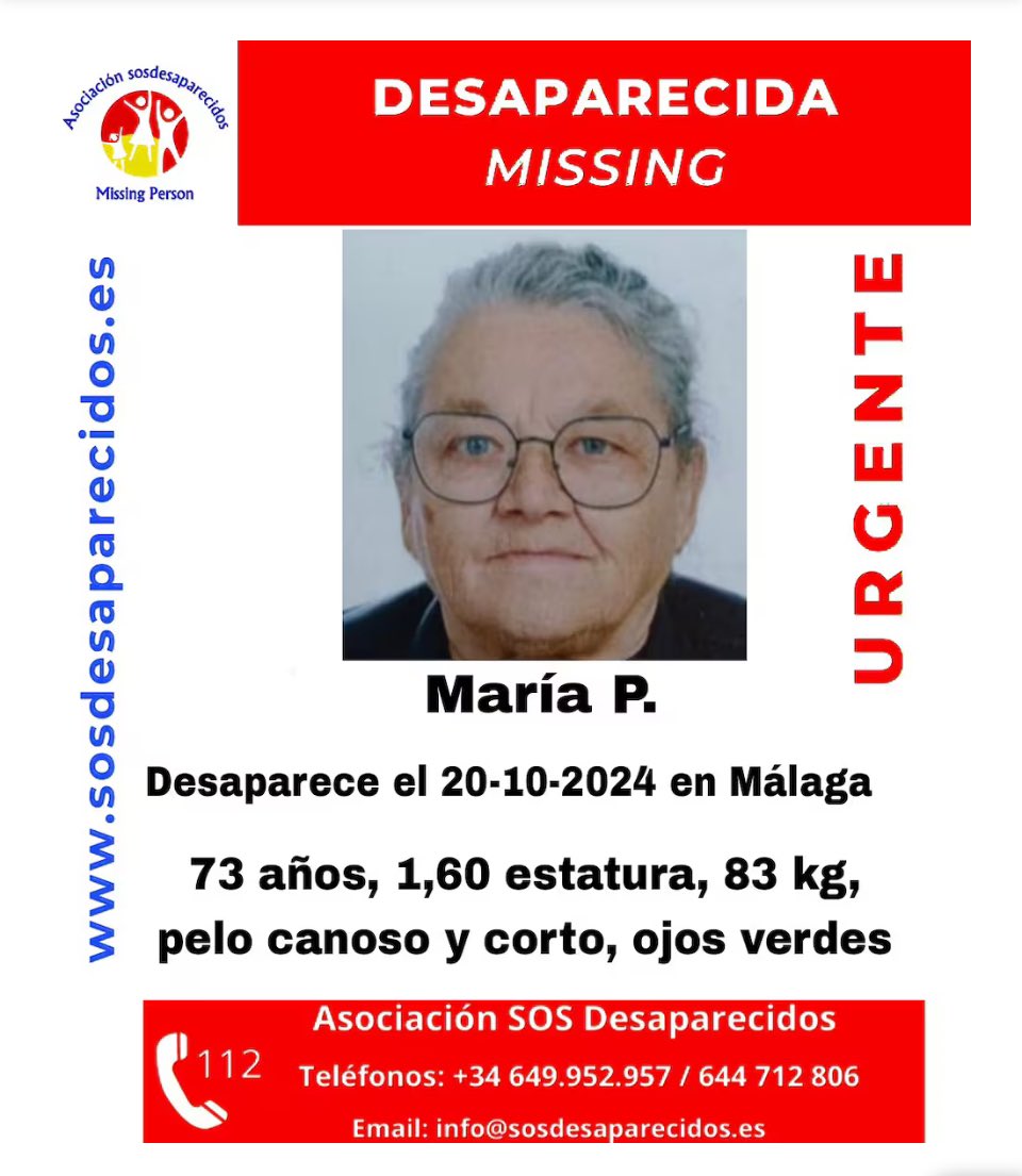 María desapareció ayer en #Malaga tiene el pelo canoso, corto y los ojos verdes. Pesa 83 kilos y tiene una altura de 160 centímetros, vamos a moverlo por si alguien la ve por la calle