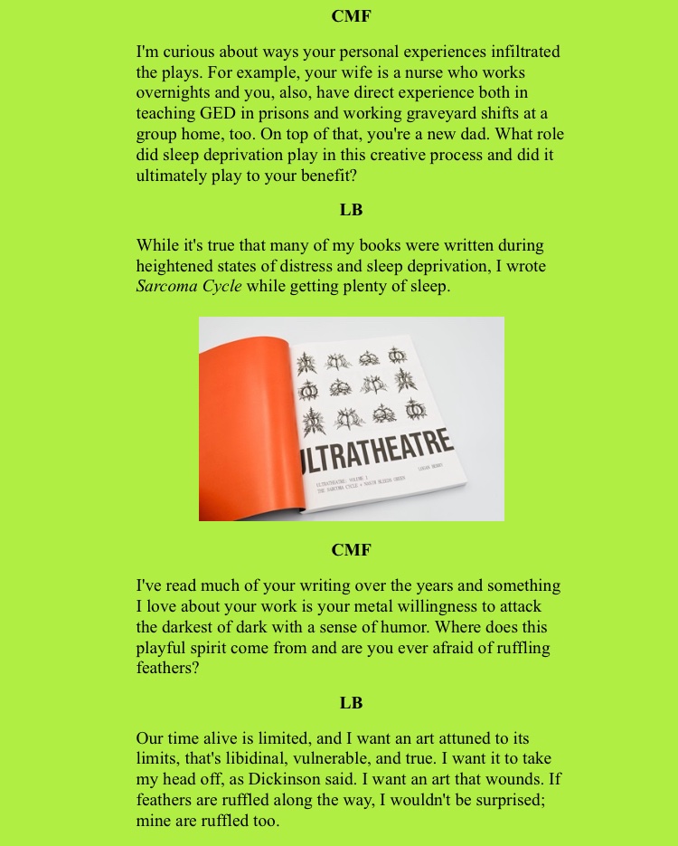 I grew up around addiction, violence, mental illness, infidelity, &amp; cowardice, but also love and tenaciousness in the face of evil. 

When critics praise art for its 'subtlety' or 'realism,' I often see repression &amp; myopia. 

I want art that wounds. Thanks, Caro, 4 the questions.