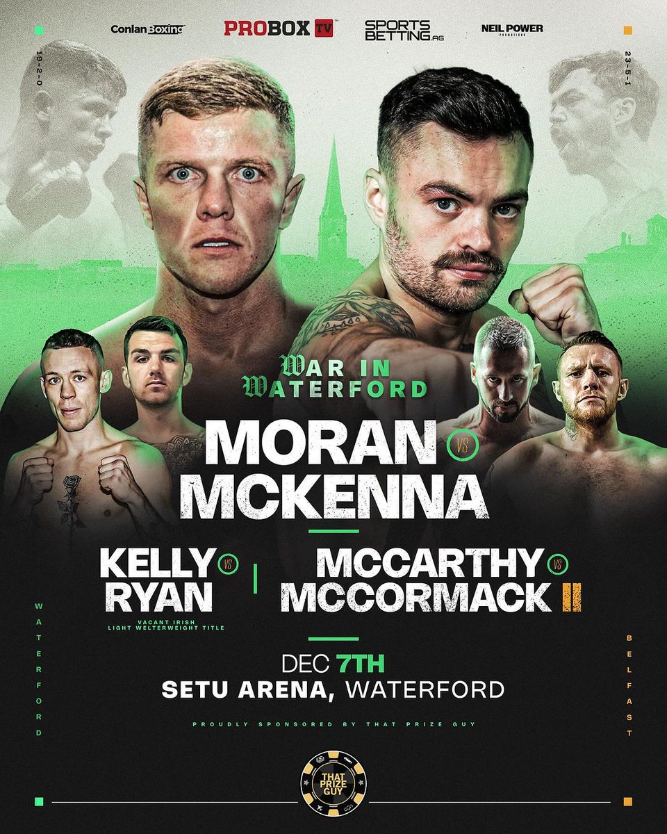 * Fight News *

Then there was 3 domestic dust ups in Waterford

<a href="/kelly_senan/">Senan Kelly</a> &amp; <a href="/davy95ryan05/">David Ryan</a> will clash for the vacant BUI Irish Super lightweight title in Waterford on the 7th December, live on <a href="/ProBox_TV/">ProBox TV</a> 

Card topped by <a href="/pro_dylanmoran/">Dylan Moran</a> v <a href="/Tyronemck/">TyroneMcKenna</a> 

Also the rematch between
